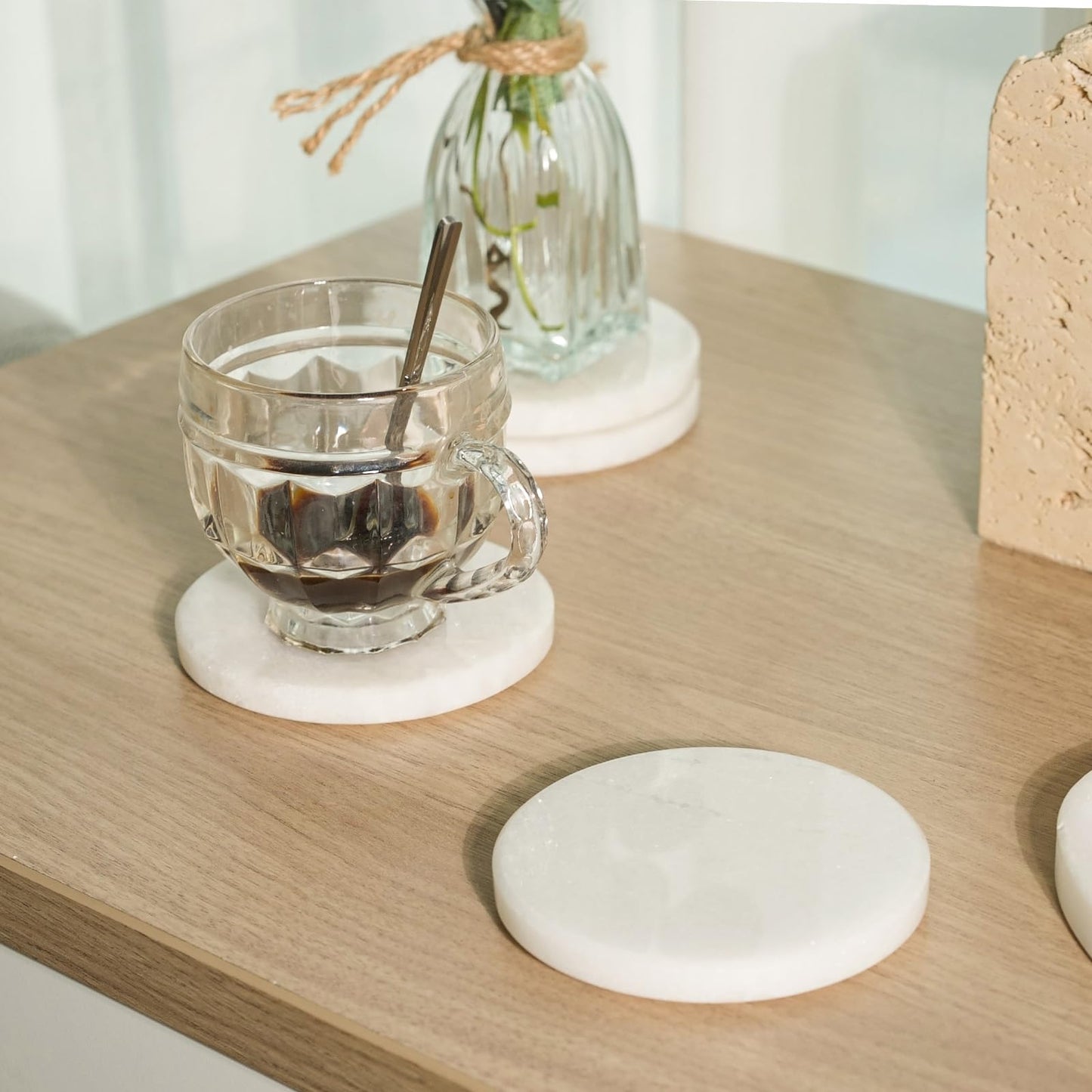 Koville Marble Coaster Set of 4, Round White Coasters, 4" Cup Coasters for Drinks, Heat Resistant Coaster for Coffee Table Home Office Bar Decor(Namib Fantasy)