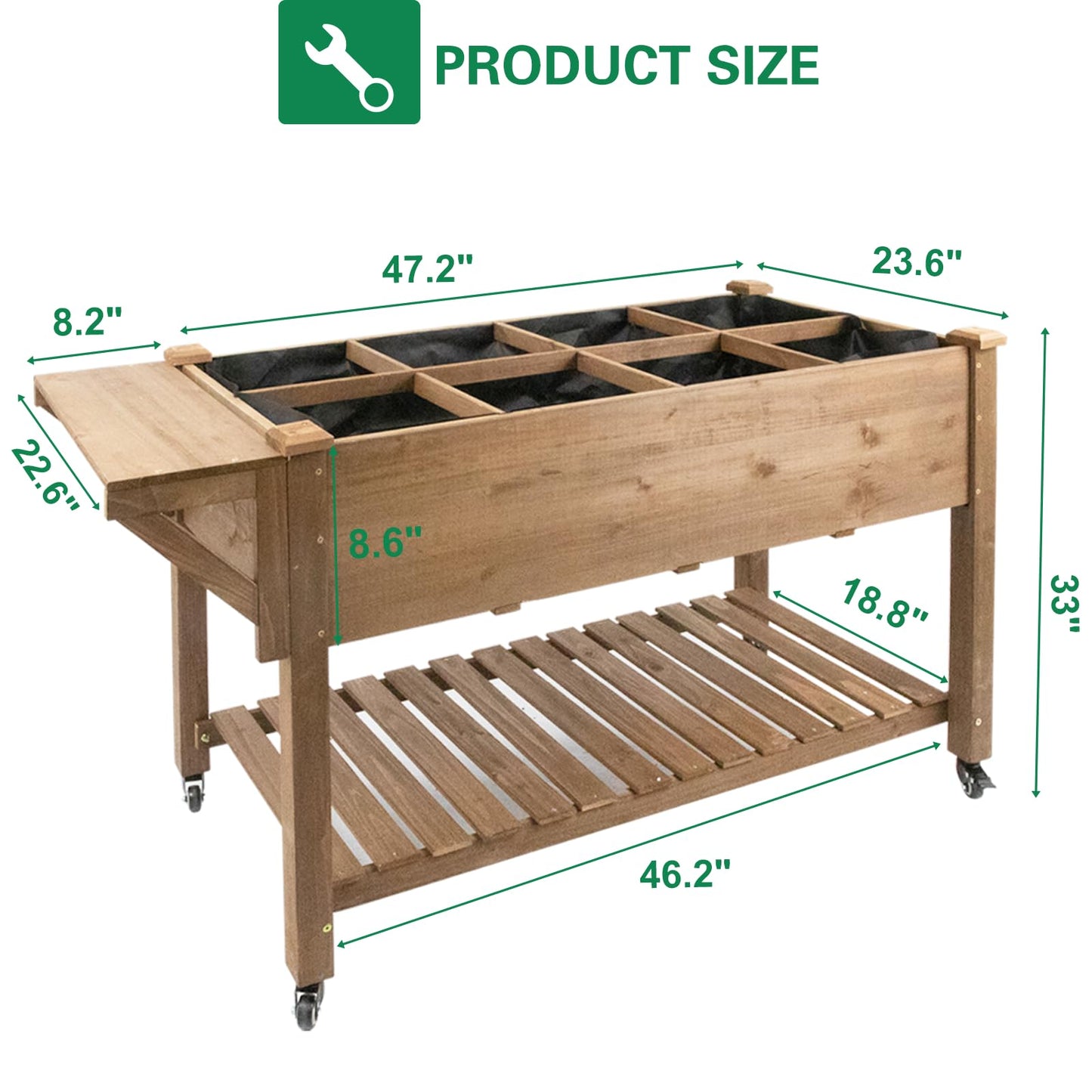 Gowoodhut Raised Garden Bed with Wheels, Wood Elevated Garden Box with W-Connection Tabs，for Vegetable, Flower, Herb, Large Storage Shelf, Easy to Assemble, 55.5x24x32in