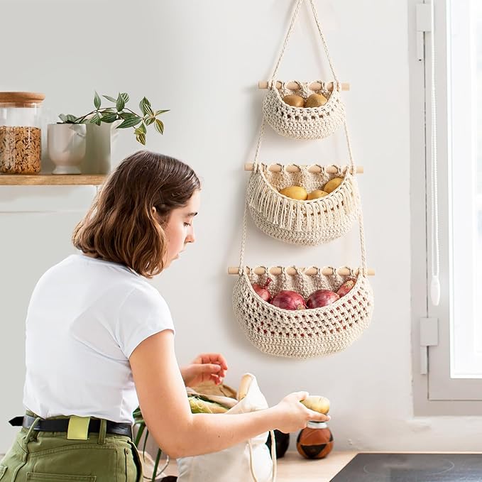 Hanging Fruit Basket, 3 Tier Over The Door Organizer, Handmade Woven Cotton