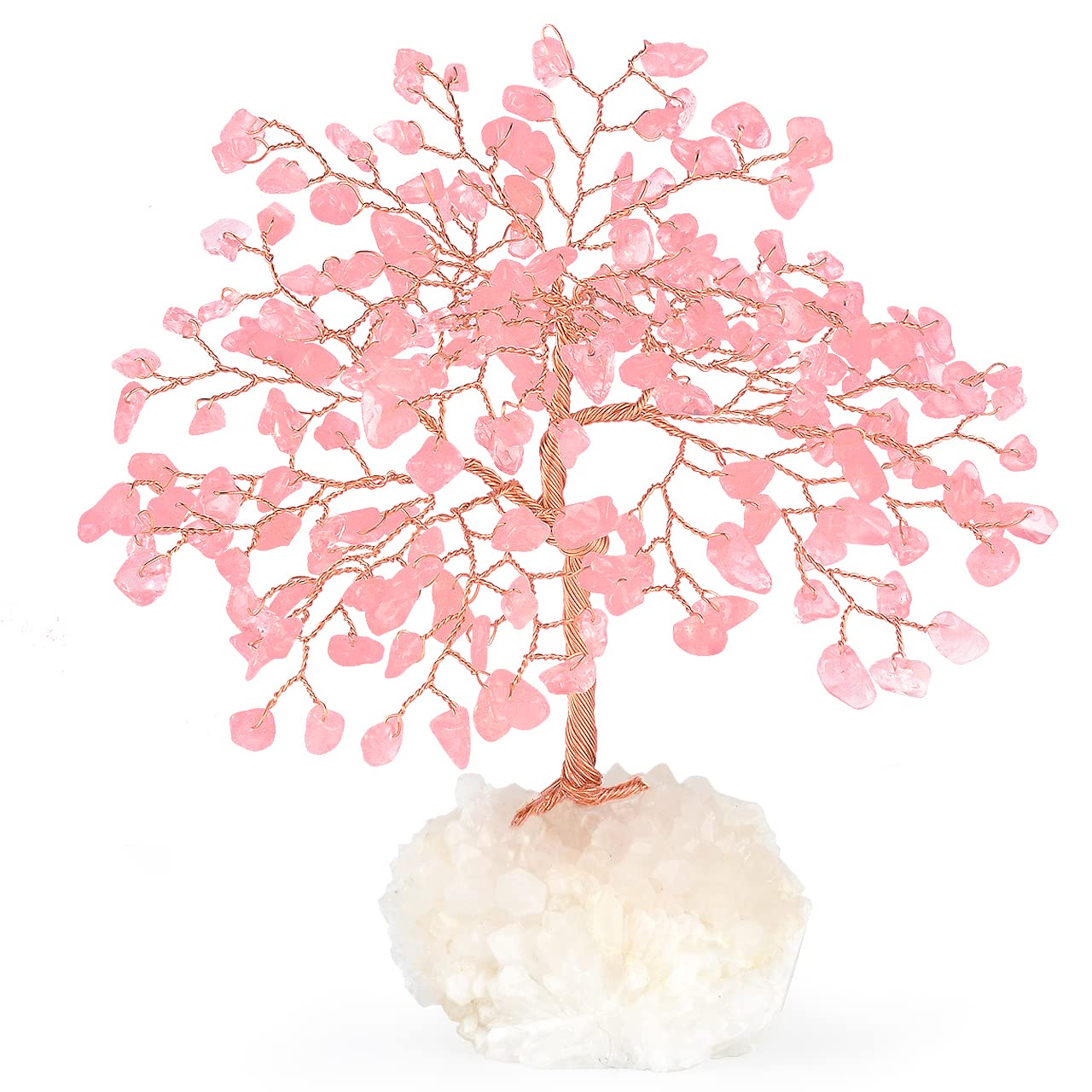 MASGEMES Gemstone Crystal Tree of Life,Natural Rose Quartz Clear Quartz Cluster Base,Healing Crystal Positive Energy Bonsai Feng Shui Money Tree Home Decor for Luck and Wealth 5.5"-6.3"