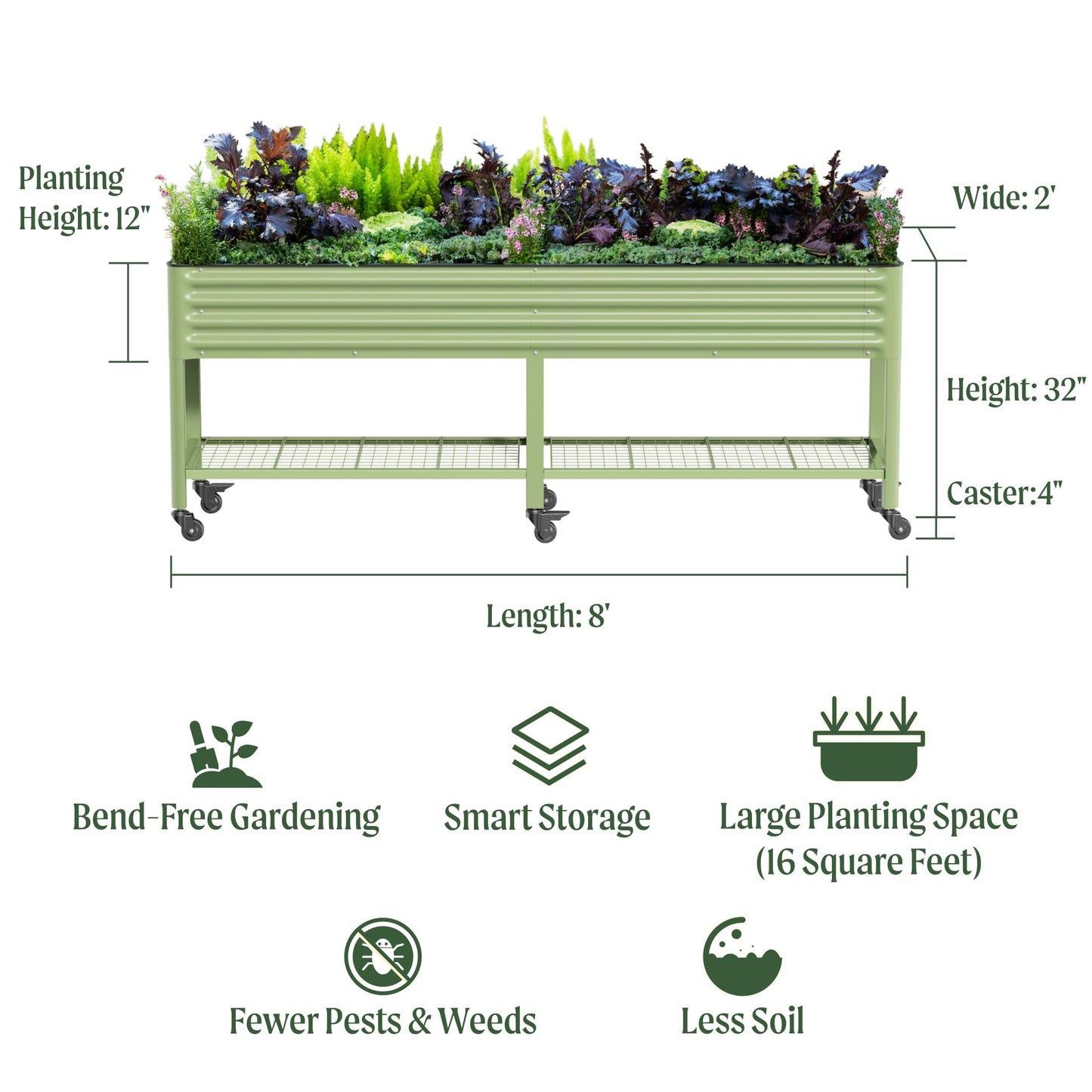 Rolling Elevated Raised Garden Bed-V Series, 2' x 8' Garden Beds with Legs & Storage Rack for Patio & Porch, 1400 Lbs Weight Capacity, Outdoor Planter Box for Vegetables Flower Herbs, Olive Green