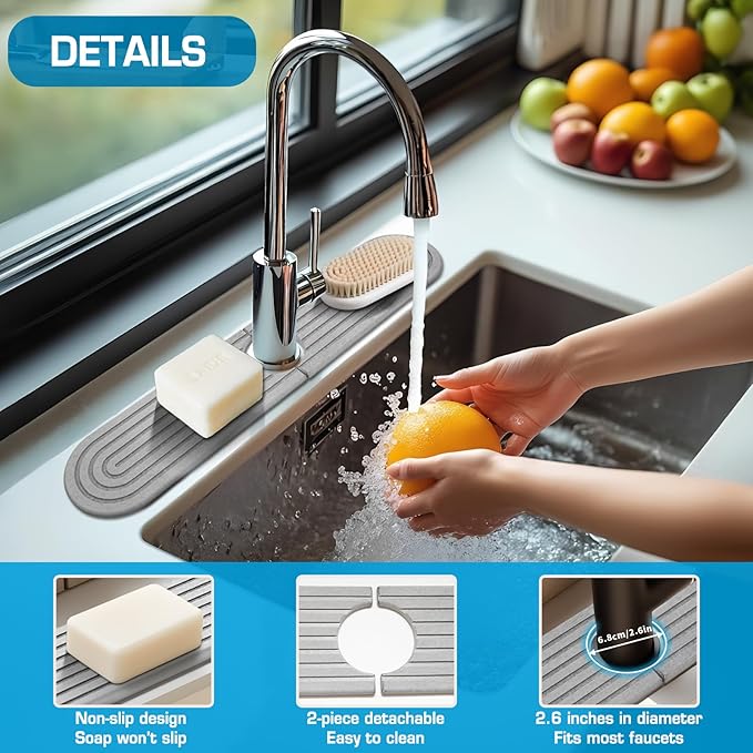 Light Gray-Oval 15.7"Diatomite Kitchen Faucet Mat Stone Sink Tray-Quick Drying