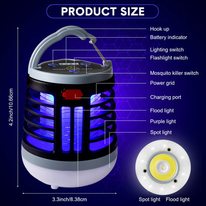 2 Pack 3 in 1 Bug Zapper USB Rechargeable Mosquito Killer Portable Waterproof Mosquito Repellent Outdoor Indoor LED Lantern Bug Zapper Camp Light SOS Emergency Light for Home, Backyard, Patio (Black)