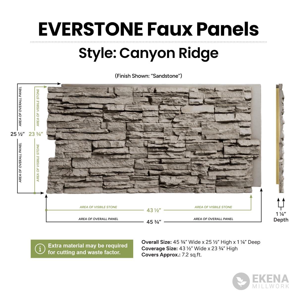 EverStone Canyon Ridge Faux Stone Panel, 45 3/4"W x 24 1/2"H x 1 1/4"D, Graphite Color