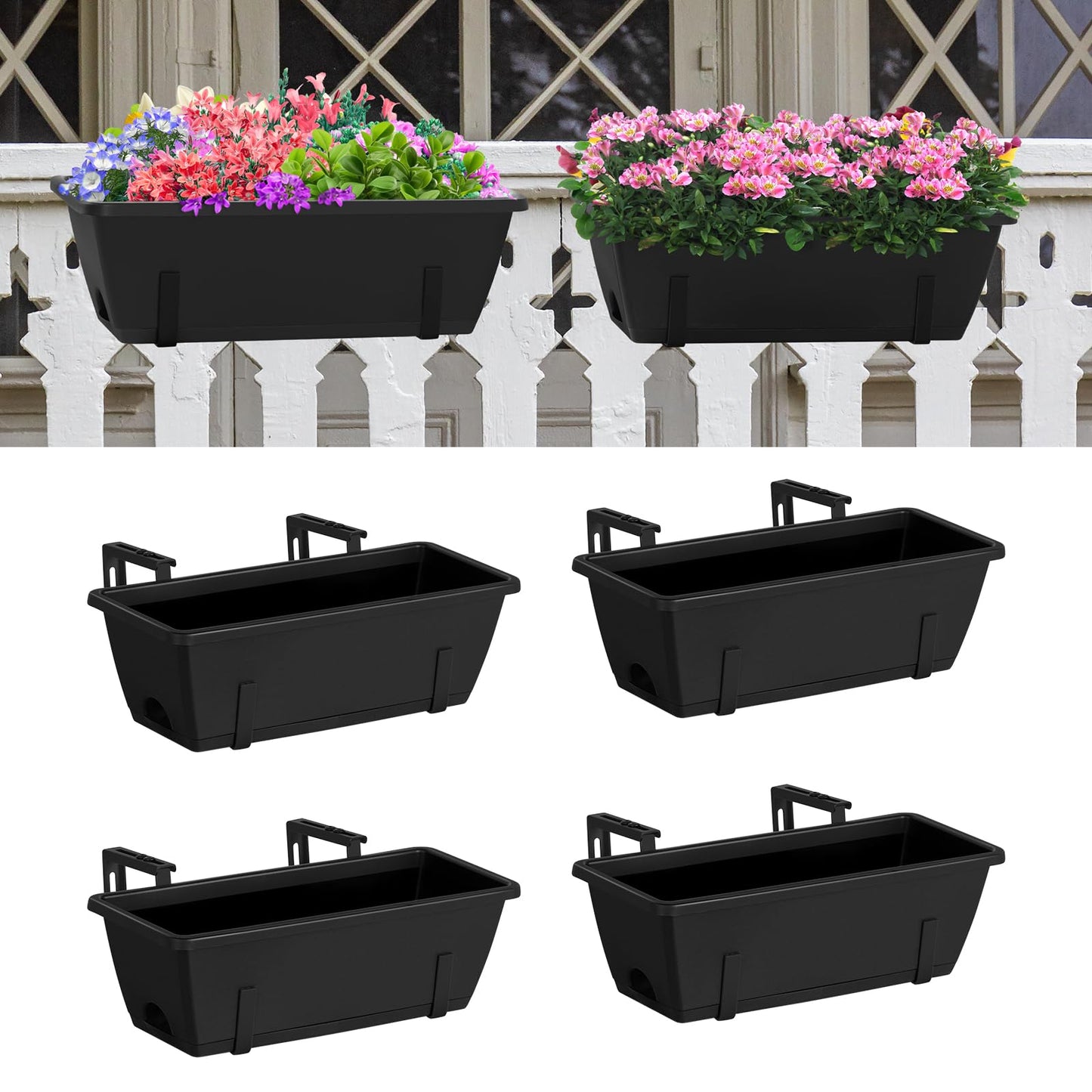 CADUKE Railing Planter Box 4 Pack Window Boxes Planter with Adjustable Brackets 16.9 Inches Deck Railing Hanging Flower Boxes Black Balcony Planters Fence Hanging Planters for Outdoor