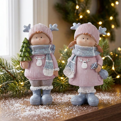 Brizoria Christmas Home Decor Set of 2 Resin Mini Sculptures with Reindeer Hats, Cute Female Themed Winter Ornaments for Mantel, Tiered Tray & Indoor Tabletop Christmas Decor