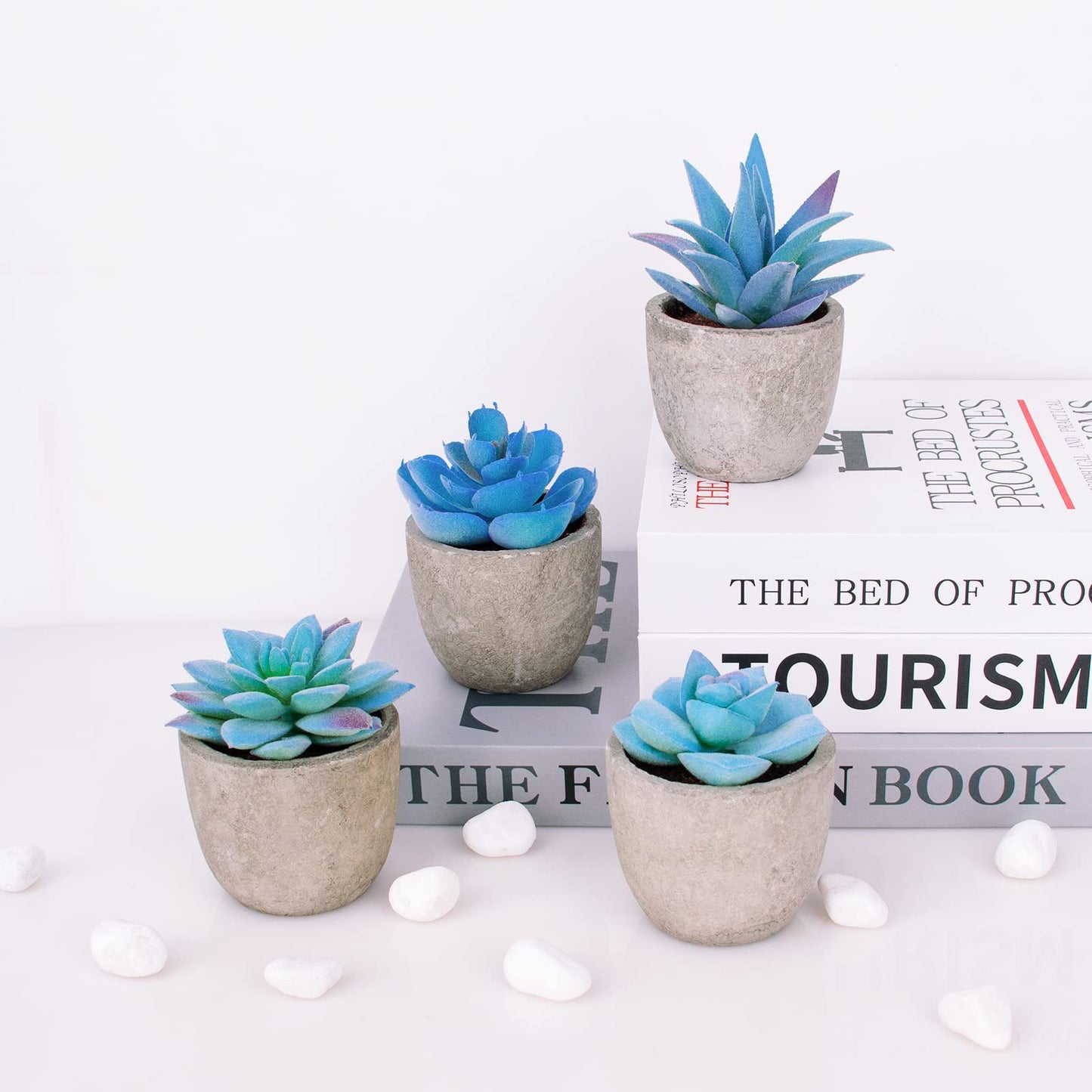 LUZOGA Set of 4 Blue Fake Succulents Potted, Mini Succulents Plants Indoor, Blue Decor Small fakeplants for Shelves Home Office Table Bathroom Bedroom Kitchen Desk Decor Shelf Decor