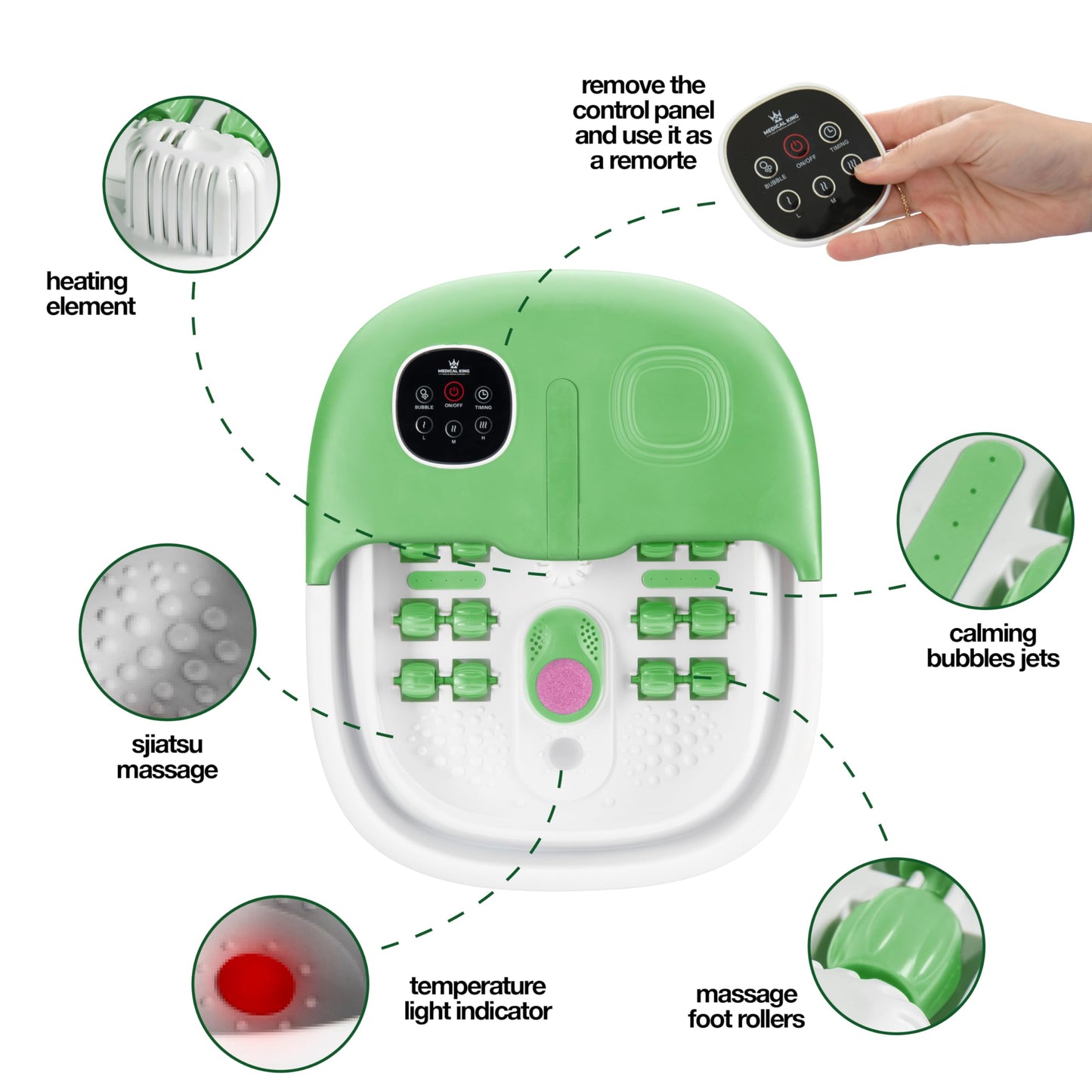 Medical king Foot Spa with Heat and Massage and Jets Includes A Remote Control A Pumice Stone Collapsible Massager with Bubbles and Vibration