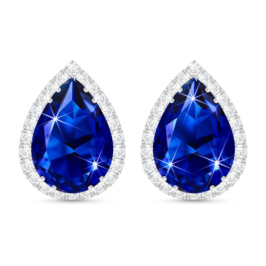 Linawe Sapphire Imitation Diamond Royal Blue Teardrop Stud Earrings for Women, Silver White Gold Cubic Zirconia Navy Blue Statement Rhinestone Crystal Earrings Studs Set