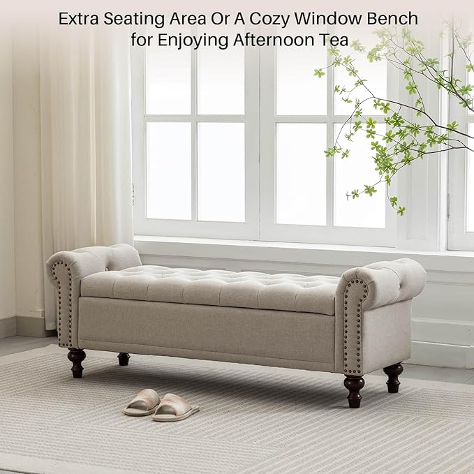 SOFTHION 58.1" Storage Bench Upholstered Linen End of Bedroom Bed Bench Ottoman