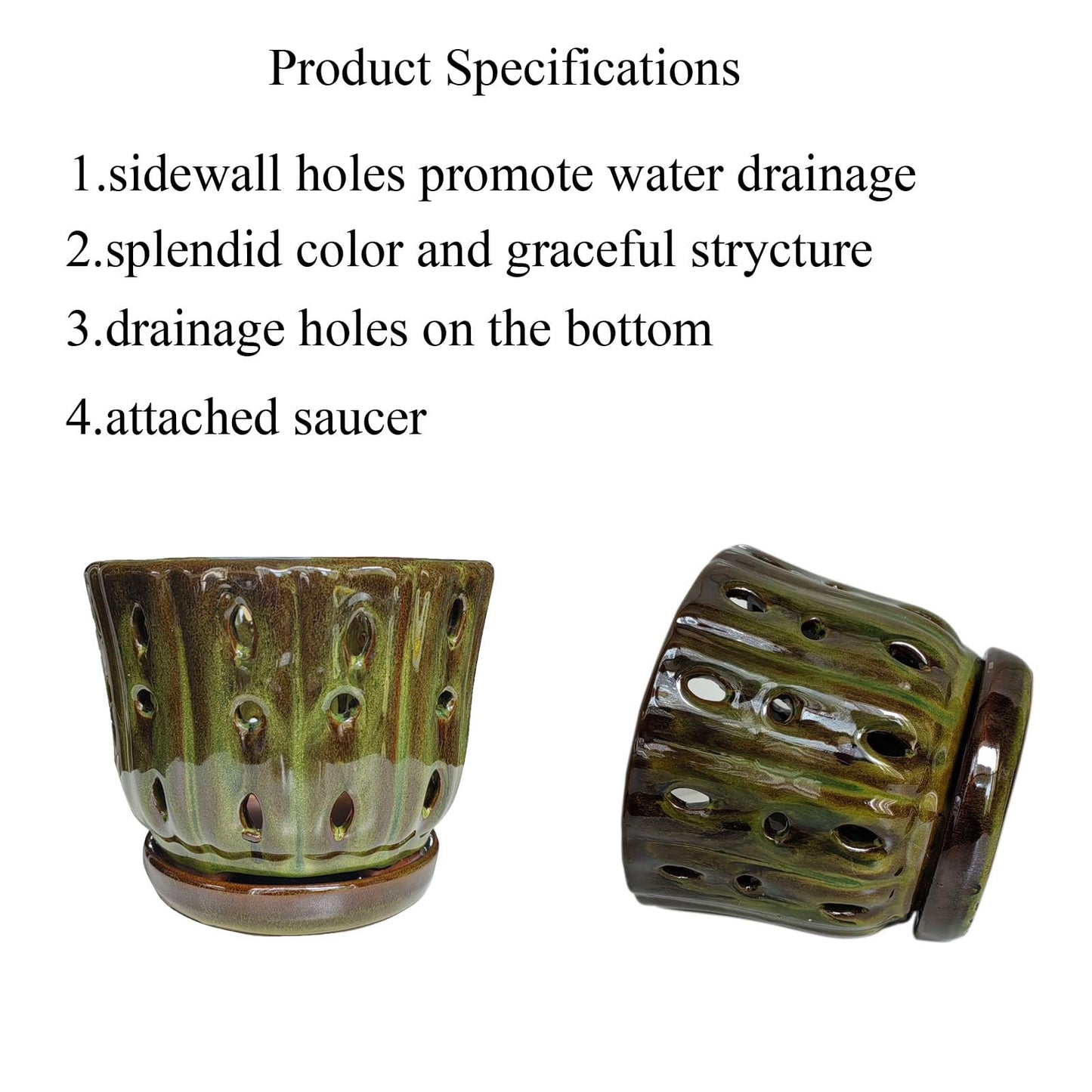 Grdthzey Ceramic Orchid Pots with Attached Saucer and Drainage Hole 6'' Orchid Planter (mossgreen)