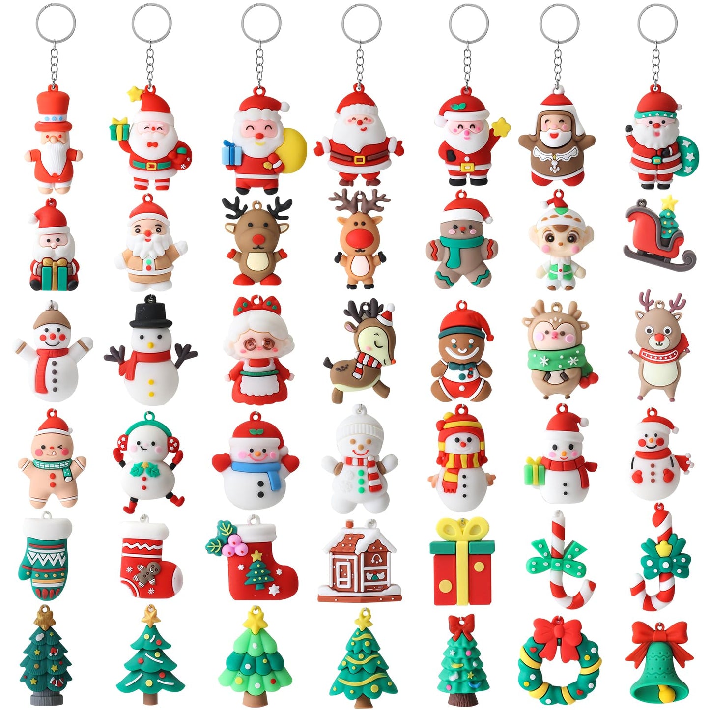 42 Pcs Christmas Keychains Bulk, 3D Santa Claus Snowman Xmas Tree Reindeer Hanging Ornaments with Key Rings for Christmas Party Favors, Adults Christmas Giveaways