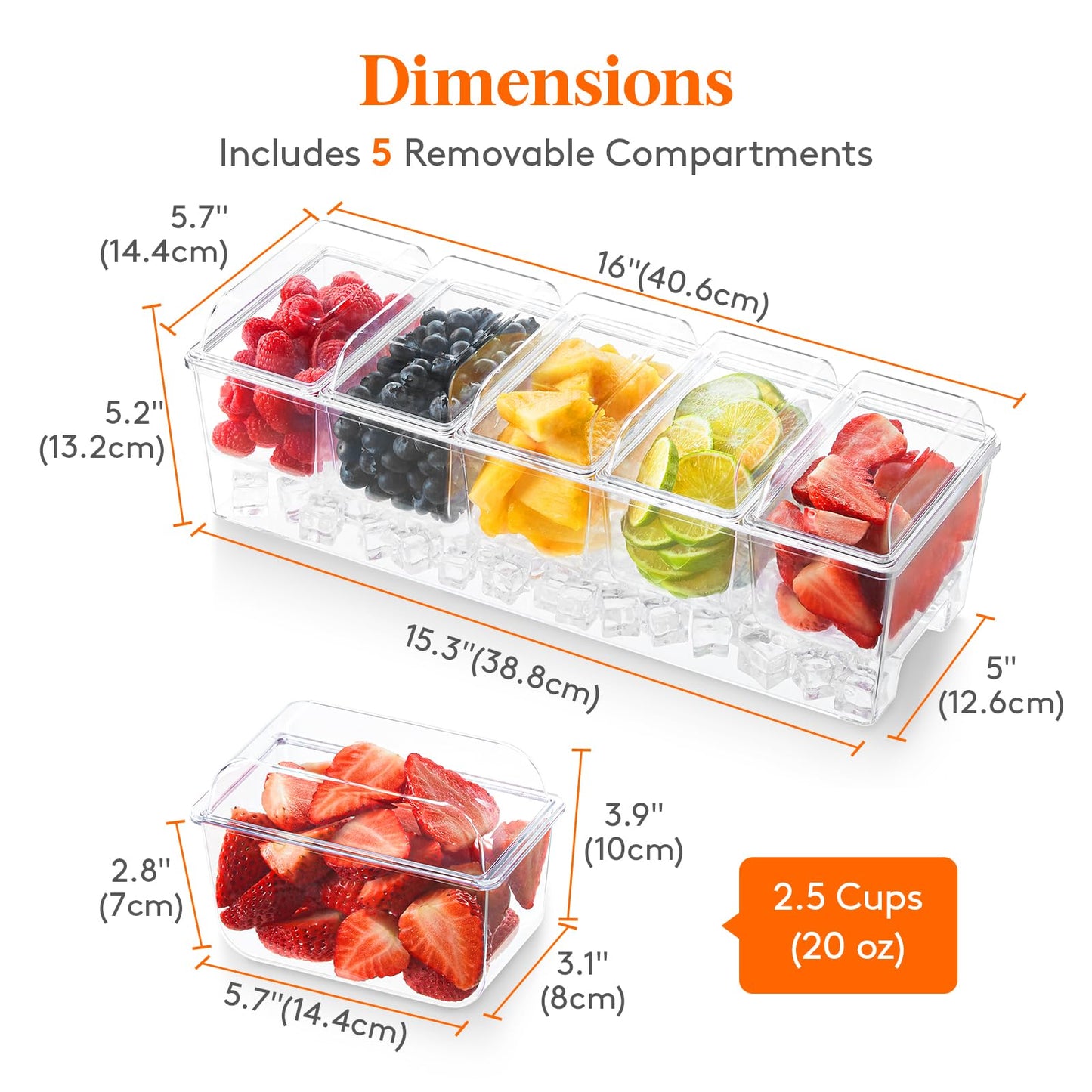 Lifewit Chilled Condiment Caddy with 5 x 20 oz Containers, Compact 15" Garnish Tray with Lids for Bartenders, Taco Bar Party Serving Set & Dirty Soda Bar Supplies, Ideal for Fruit, Salad, Toppings