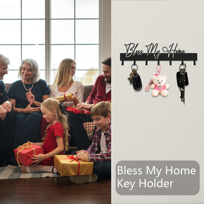 ShowMtheM Exquisite Fashion Phrase Key Holder Wall Mount,Bless My Home Key Hooks for Wall Decoration,Black Metal Key Hanger with 7 Hooks for Entryway,Office,Living Room Decor
