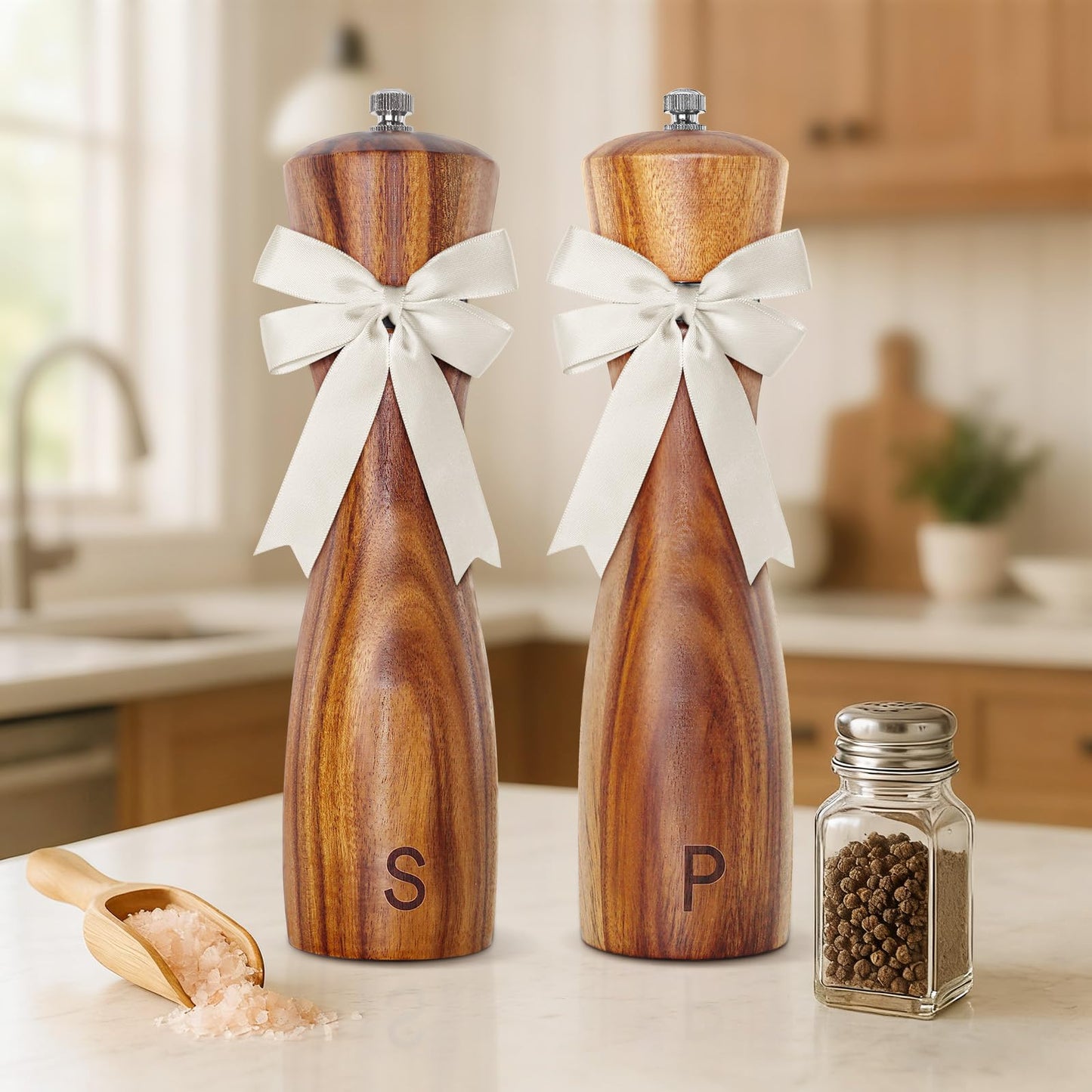 DZDOV Wedding Gifts for Couples 2026: Acacia Wood Salt and Pepper Grinder Set with Bow Design - Kitchen Counter Decor