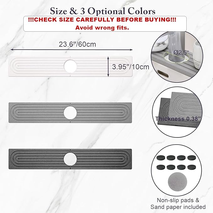 WIFORH Faucet Mat for Kitchen Sink, 24 inch Long Diatomite Fast Drying Stone
