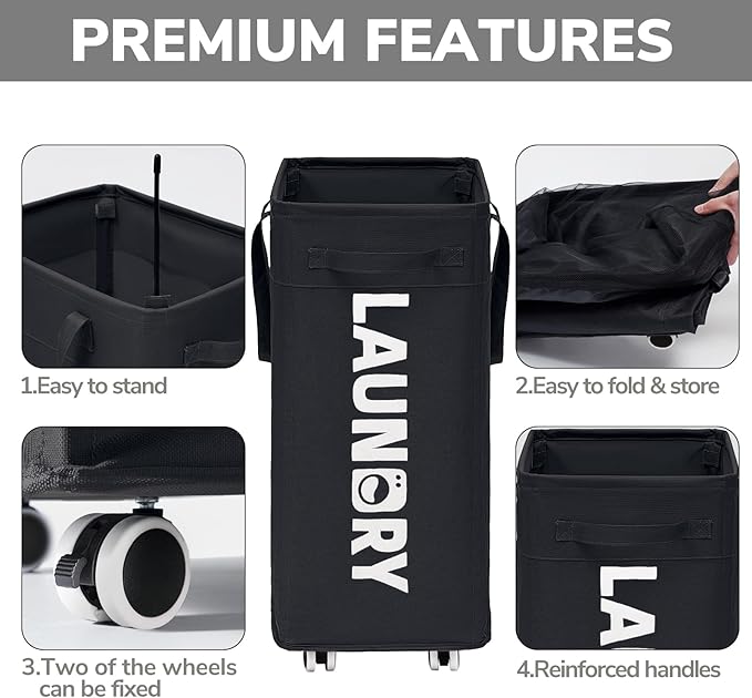 Goodpick Laundry Basket with Wheels, Collapsible Laundry Basket