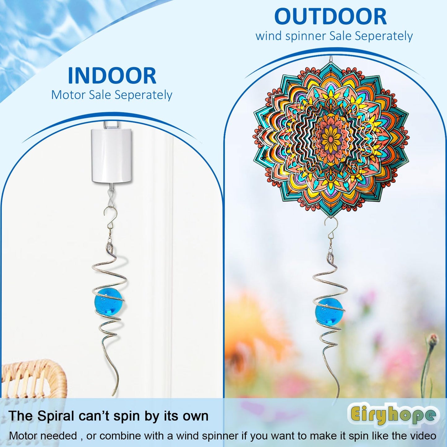 Eiryhope Gazing Ball Wind Spinner Spiral Tail with Blue Glass Orb | Creates Captivating Visual Illusion in Spinning, 13In Wind Spinners Stabilizer | Hanging Rotating Art Outdoor Garden Decor & Gift