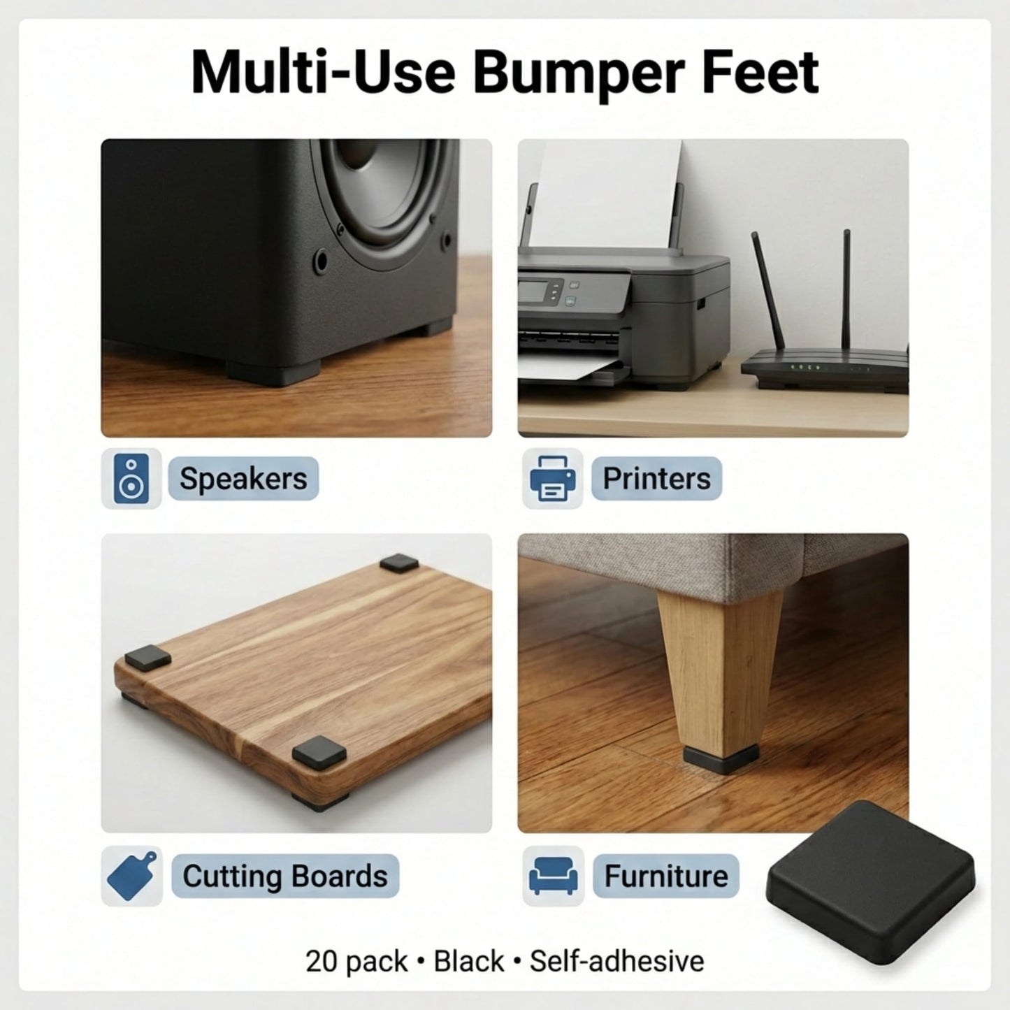 Black Tall Square Adhesive Rubber Bumper Pads - Made in USA – Rubber Feet for Speakers, Electronics, Furniture, Appliances, Audio Equipment - 20 Pieces