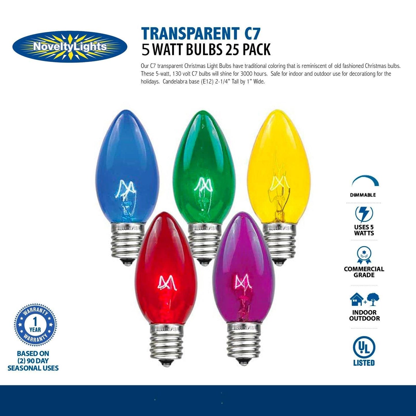 Novelty Lights Christmas Replacement Bulbs - Outdoor Individual Bulbs for Events, Holiday Parties, Patios, and More - C7/E12 Candelabra Base, 5 Watt Lights (Green, 25 Pack)