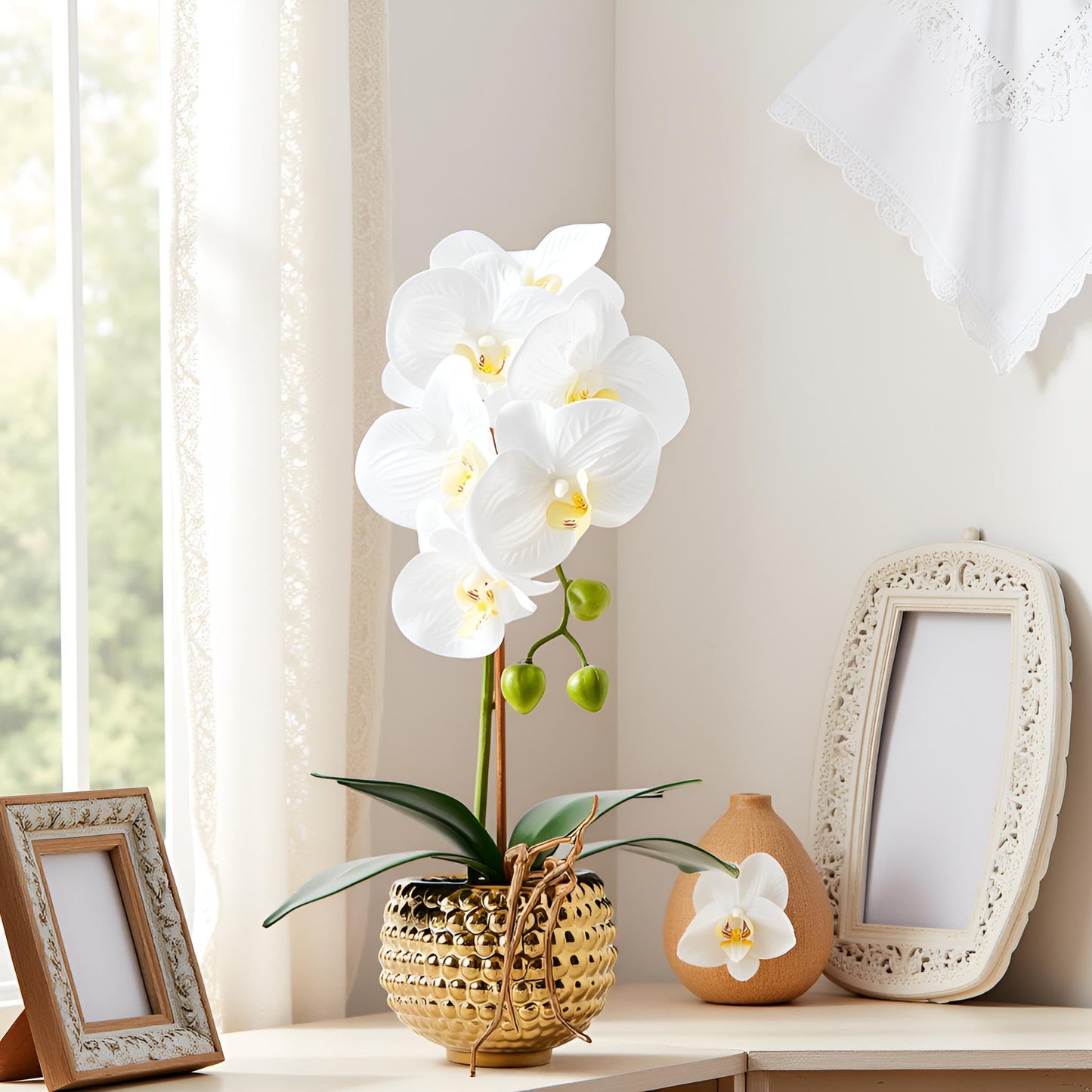 Hisow Orchids Artificial Flowers, 15" Faux Orchid in Gold Flower Pot Real Touch Flowers in Pot Large Flower Arrangements Artificial Centerpiece for Home Living Room Bathroom Kitchen Decoration (White)