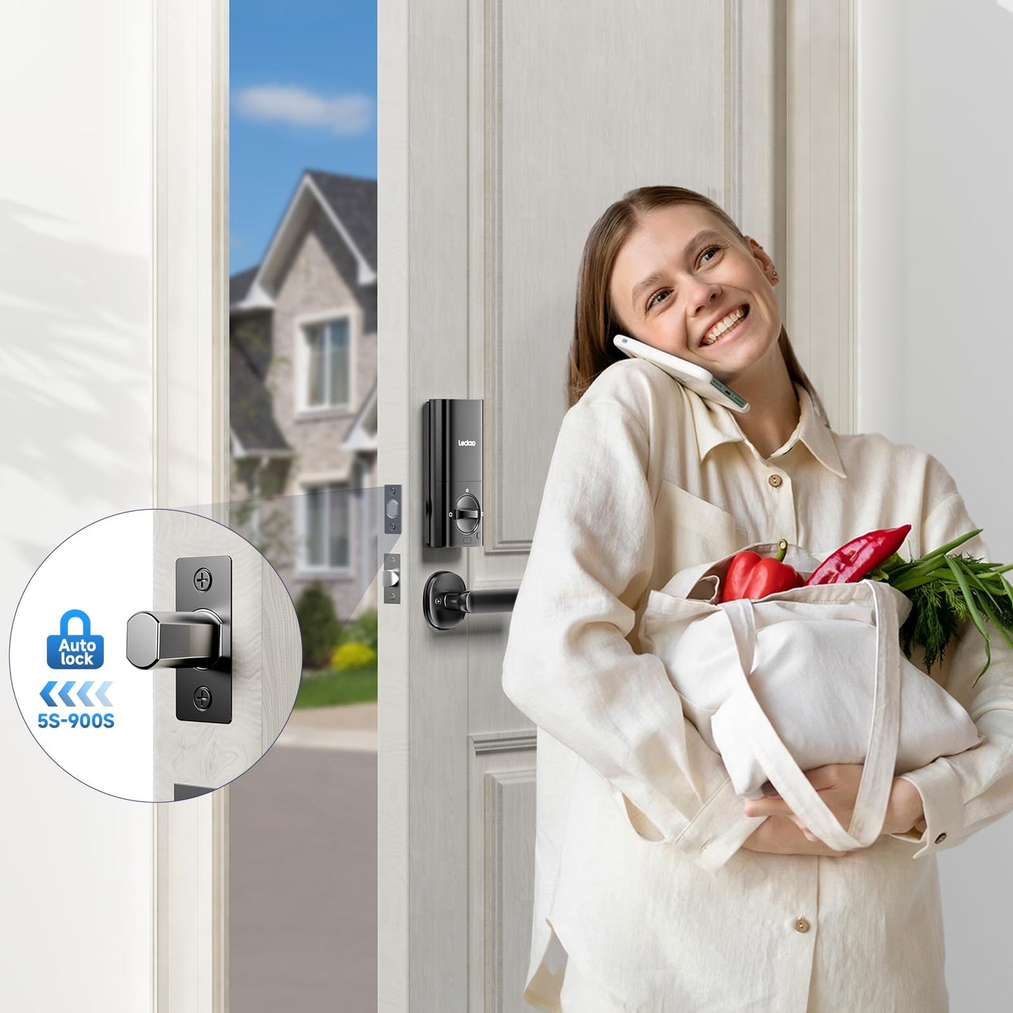 Smart Door Lock with Handle, Keyless Entry Door Lock Deadbolt Handle Set, Built-in WiFi Deadbolt Smart Lock for Front, Fingerprint, Keypad Code, App Control, Voice Control