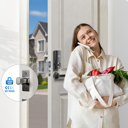 Smart Door Lock with Handle, Keyless Entry Door Lock Deadbolt Handle Set, Built-in WiFi Deadbolt Smart Lock for Front, Fingerprint, Keypad Code, App Control, Voice Control