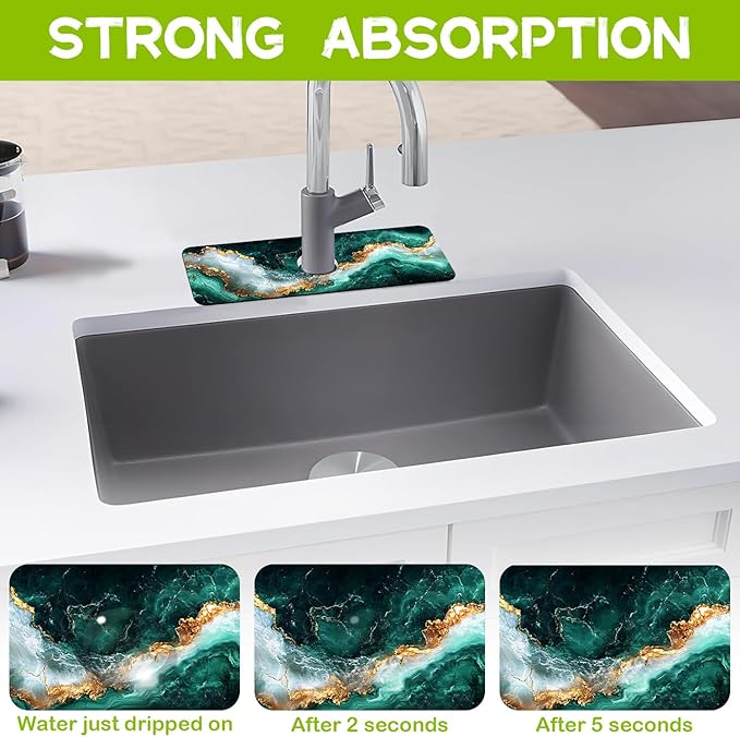 Emerald and Gold Marble Texture Kitchen Sink Splash Guard Faucet Mat Super