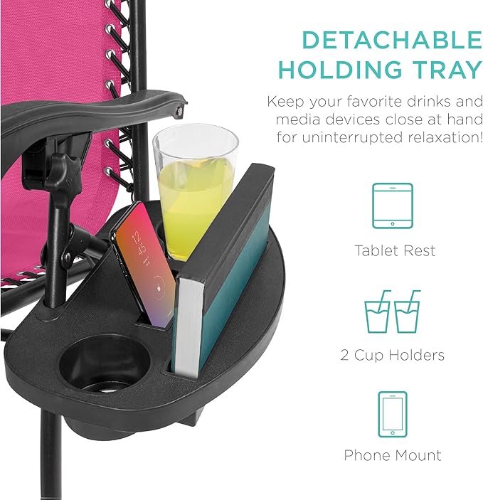 Best Choice Products Set of 2 Adjustable Steel Mesh Zero Gravity Lounge Chair Recliners w/Pillows and Cup Holder Trays - Hot Pink/Black