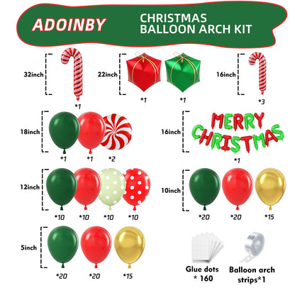 ADOINBY Christmas Balloon Arch Kit, 174Pcs Red Green Gold Latex Balloon with Candy Cane MERRY CHRISTMAS Letter Gift Box Red Candy Foil Balloon Garland Kit for Xmas Christmas Lollipop Party Decorations