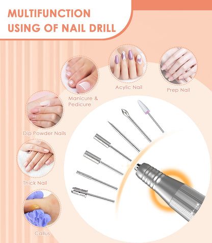 Portable Nail Drill Electric File: 40000RPM Professional Rechargeable Nail E-File Machine, Cordless Nail Drill with Bits & Base for Acrylic Nails Remove Nail Gel Polish Manicure for Salon Home, White