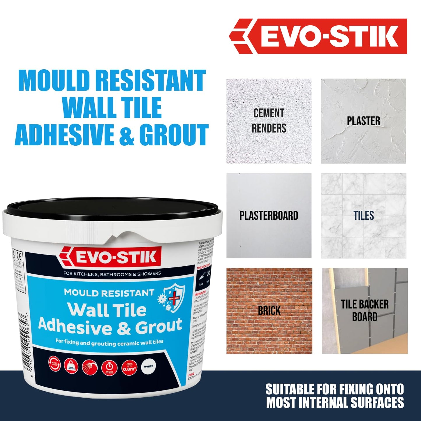 EVO-STIK Wall Tile Adhesive and Grout White 1L - Mould Resistant - Waterproof - Ready to Use