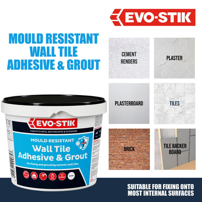 EVO-STIK Wall Tile Adhesive and Grout White 1L - Mould Resistant - Waterproof - Ready to Use