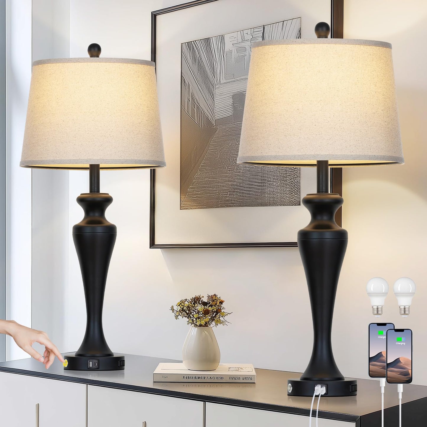 CINSARY 30“ Black Table Lamps for Living Room, 3-Way Dimmable Touch Control Lamp with USB A+C Ports and AC Outlet, Tall Bedside Lamps Set of 2, Metal Bedroom Lamp for Nightstand, 2 Bulbs Included