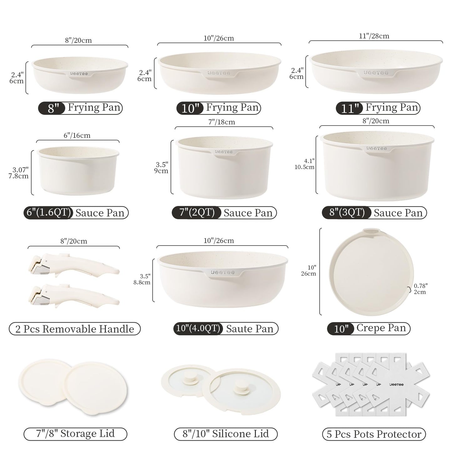 JEETEE Pots and Pan Set Non Stick 19 Pcs, Cookware Set Detachable Handle, RV Kitchen Cooking Set Removable Handles, Stackable Non-stick Set, Oven Safe, Beige