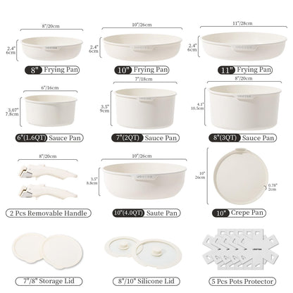 JEETEE Pots and Pan Set Non Stick 19 Pcs, Cookware Set Detachable Handle, RV Kitchen Cooking Set Removable Handles, Stackable Non-stick Set, Oven Safe, Beige
