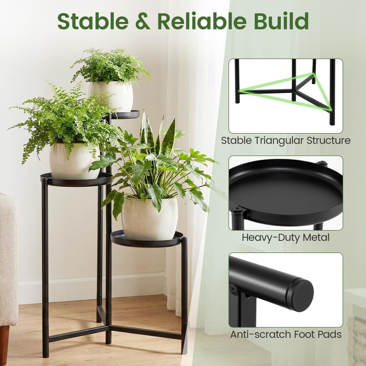Giantex 3-Tier Metal Plant Stand Indoor Outdoor, Tall Corner Flower Pot Holder Display Rack for Living Room Balcony Patio Garden Office, Heavy Duty Vertical Shelf, Metal Plant Rack Organizer, Black