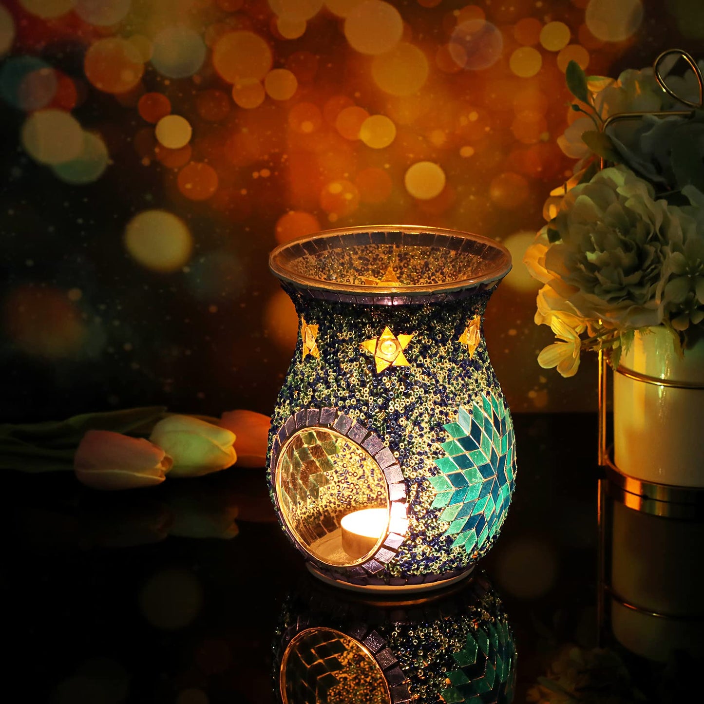 JUXYES Charming Mosaic Essential Oil Burner, Tea Light Wax Melt Warmer for Scented Wax, Decorative Fragrance Oil Warmer Tealight Candle Holder, Incense Aroma Diffuser for Home Table Decoration