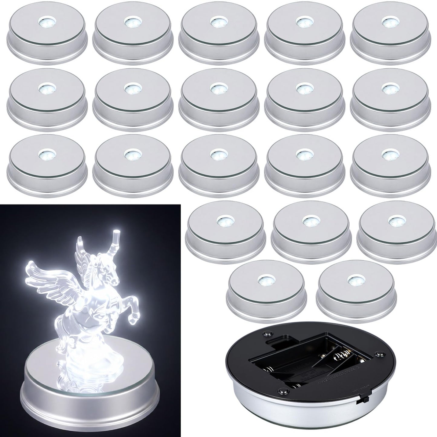 Wettal 20 Pack LED Light Base Wireless White Light Display Stand Silver LED Lighted Base for Glass Art Crystal Art Statue Display Stand Powered by Aaa Batteries Home Party Wedding Christmas Decor