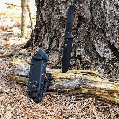 Holtzman's Gorilla Survival Bushwhacker Fixed Blade Knife with Fire Starter, G10 Scraper, and Paracord (Black) - Ideal for Camping and Survival
