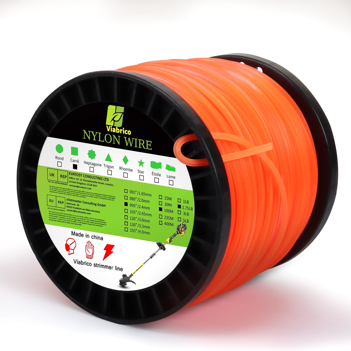 Viabrico String Strimmer Line Heavy Duty 2.4mm, strimmer Wire for Petrol strimmer, 2.4mm-100M-1.7lb-Spool