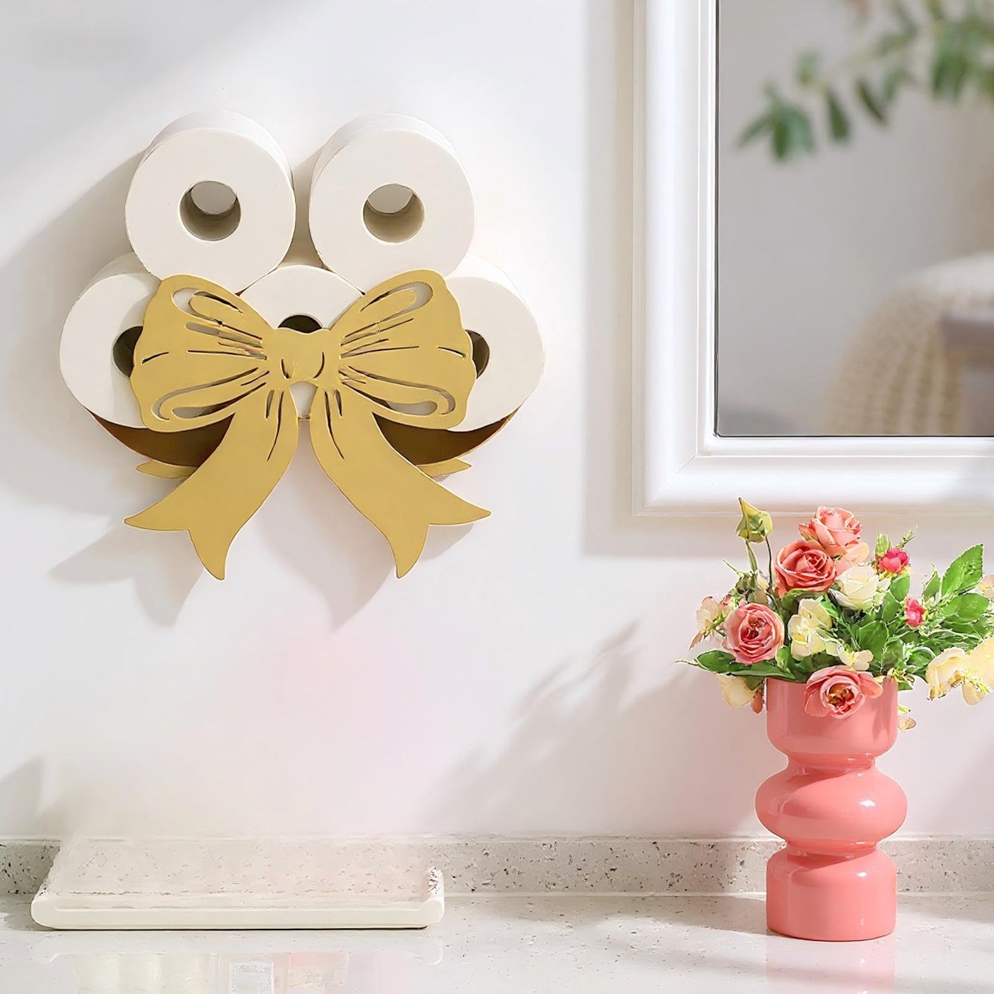 Geelin Bow Metal Toilet Paper Storage Holder Wedding Bow Bathroom Decor 8 Rolls Decorative Toilets Paper Holder Wall Mounted for Bathroom Kitchen Bedroom Coquette Home Decor(Gold)