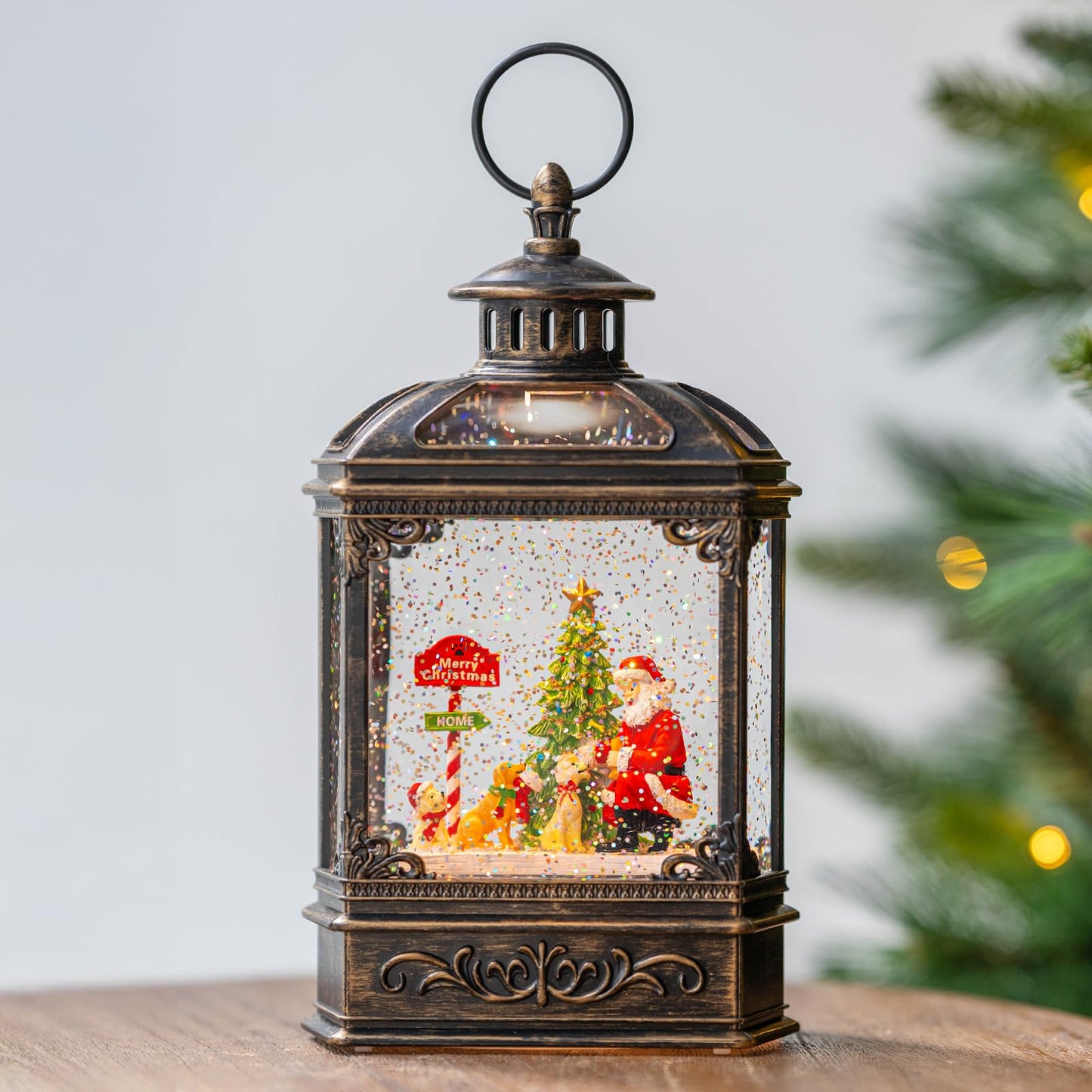 Snow Globe Lighted Christmas Decorations, Santa Claus & Pups Musical Water Lantern with Swirling Glitter, Christmas Holiday Party Gifts and Decorations