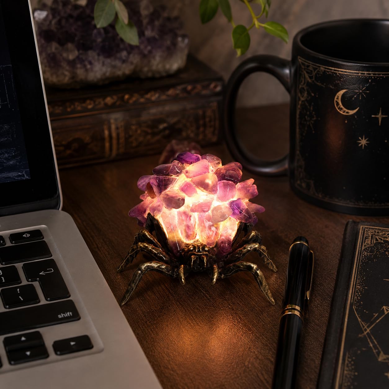 Amethyst Crystal Spider Lamp - Natural Cluster Stone Desk Decor, Dimmable Goth Amethyst Night Light with Bronzed Metal Base, Unique Healing Crystal Gifts for Women, Witchy Boho Home Office Decor