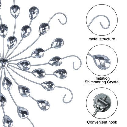 hogardeck Metal Flower Wall Decor, 11" Silver Metal Jeweled Wall Art Bling Crystal Home Décor, Sun Star Burst Rhinestone Wall Hanging Diamond Accents for for Indoor, Outdoor, Living Room, Bedroom