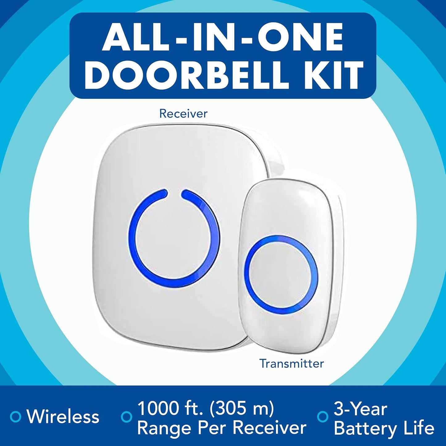 SadoTech Wireless Doorbells for Home, Apartments, Businesses, Classrooms, etc. - 1 Door Bell Ringer & 1 Plug-In Chime Receiver, Battery Operated, Easy-to-Use, Wireless Doorbell w/LED Flash, Black