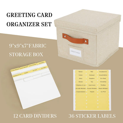 TARSUKA Greeting Card Organizer with dividers - Storage Box with lid Holds 150+ Cards - Assortment Box for Greeting Cards,Recipes, Photos, Envelopes, Keepsake - 9 x 9 x 7 Inches (Beige, 1 pcs)