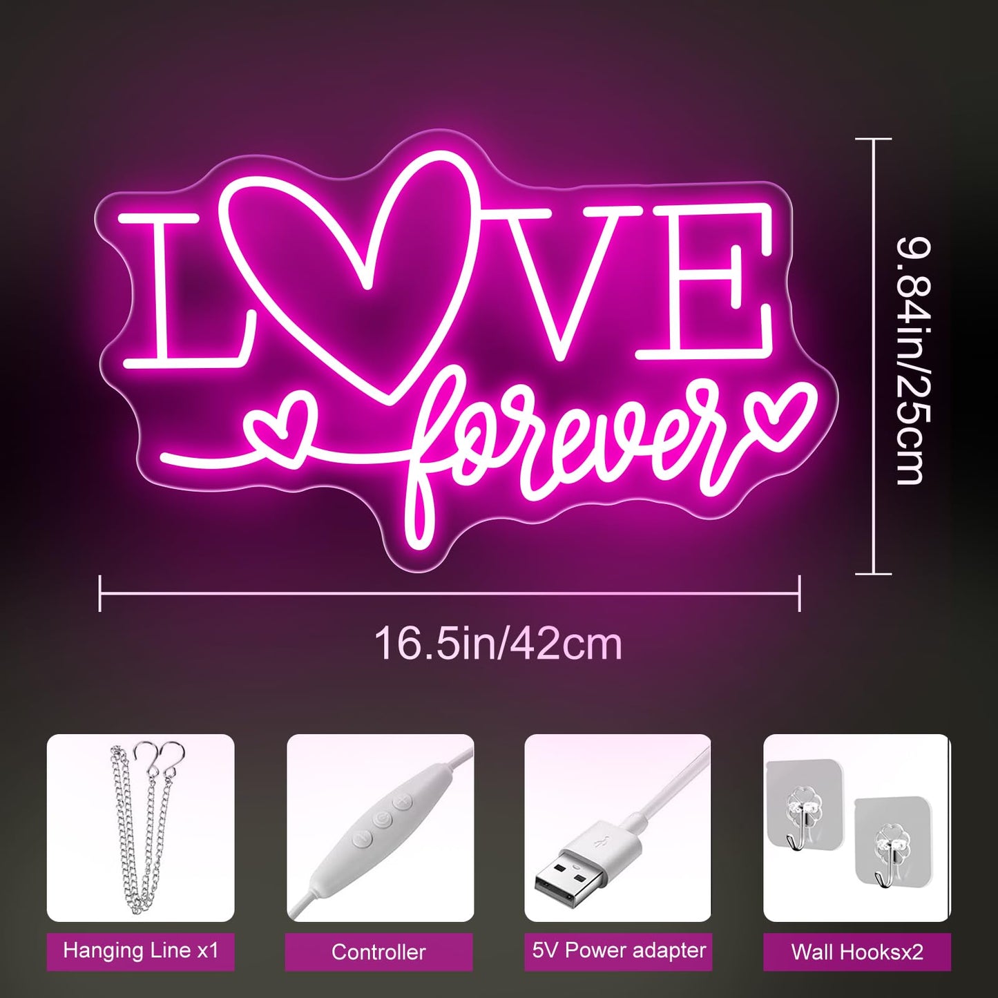 Love Forever Heart Neon Sign, Wedding Party LED Neon Light Valentine's Day Wedding Backdrop Decor Gift For Lover Valentine's Day Gift, LED Romantic Light, Couple Space Accent-Pink-16.5"