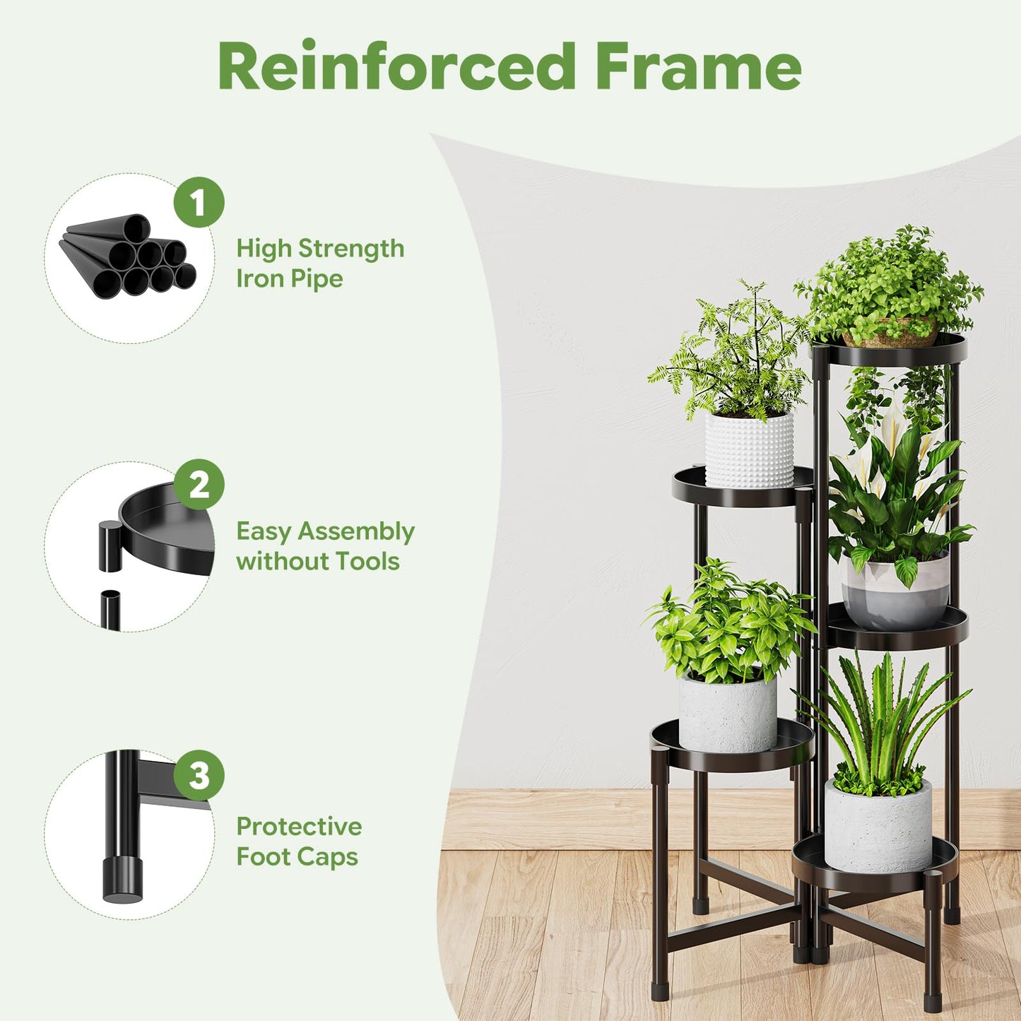 Simple Trending Plant Stand Indoor Outdoor, 5-Tiers Metal Corner Shelf, Tall Display Rack with 5 Rotating Trays, Heavy Duty Flower Holders for Patio Garden Balcony Living Room Bedroom, Black