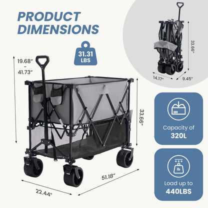 DUMOS 440LBS Heavy Duty Double Decker Wagon Cart with Extender, 400L Large Capacity Collapsible Folding Wagons with Brakes, Adjust Handle, All-Terrain Big Wheels for Garden Shopping Camping - Grey